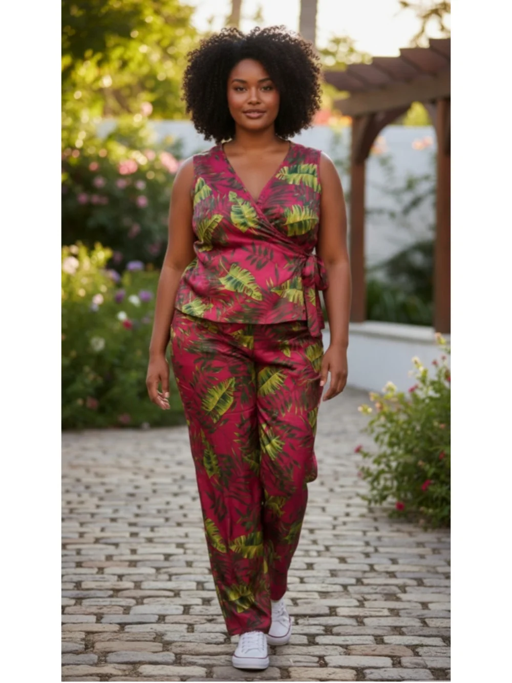 Women's Sag Harbor Tropical Print Two-Piece Set Size 16 Pink Green